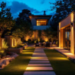 A photograph of a beautifully illuminated outdoor space featuring recessed lighting integrated into architectural elements
