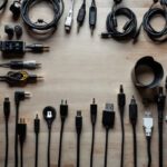 A photograph of a well-organized workspace featuring a variety of cord plugs and lighting equipment