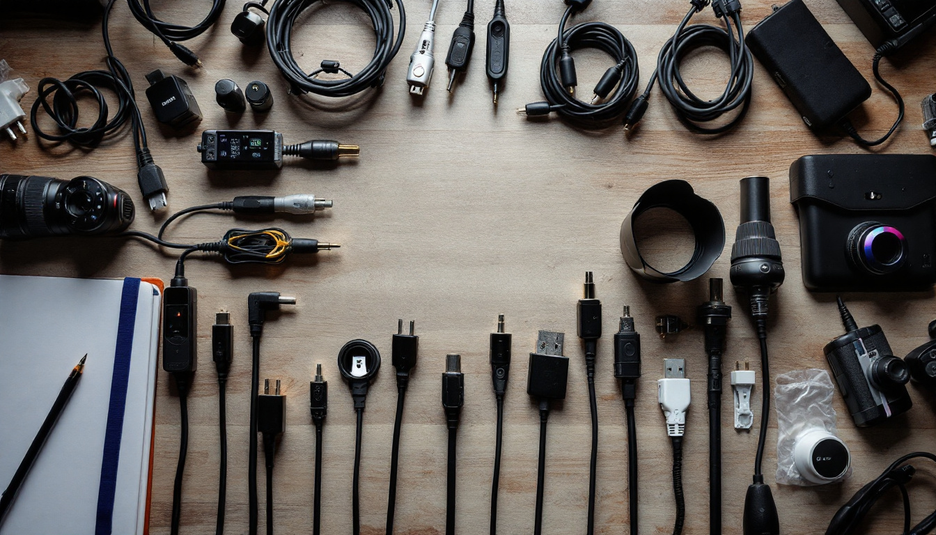 A photograph of a well-organized workspace featuring a variety of cord plugs and lighting equipment
