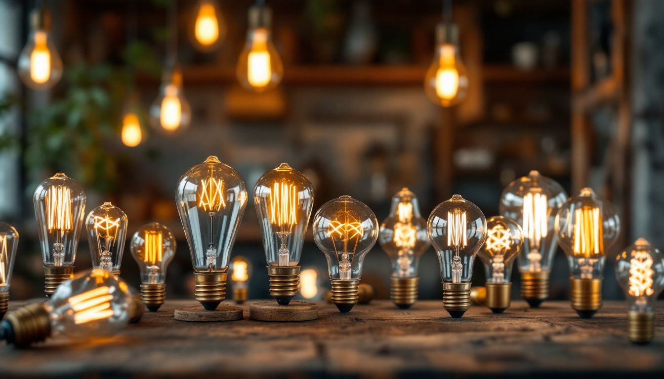 A photograph of a beautifully arranged display of various antique light bulbs
