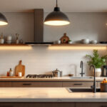 A photograph of a beautifully designed kitchen featuring a variety of overhead lighting options
