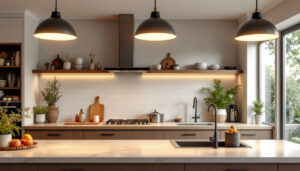 A photograph of a beautifully designed kitchen featuring a variety of overhead lighting options