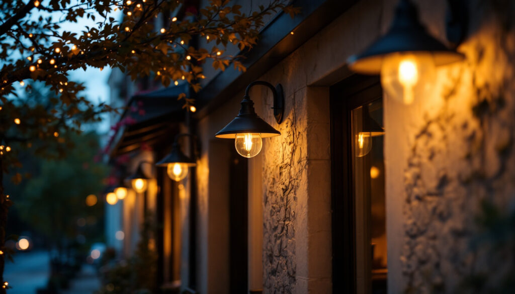 A photograph of a well-lit exterior space showcasing stylish black outdoor lights illuminating a commercial building
