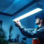 A photograph of a lighting contractor installing a sleek