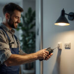 A photograph of a skilled lighting contractor in action