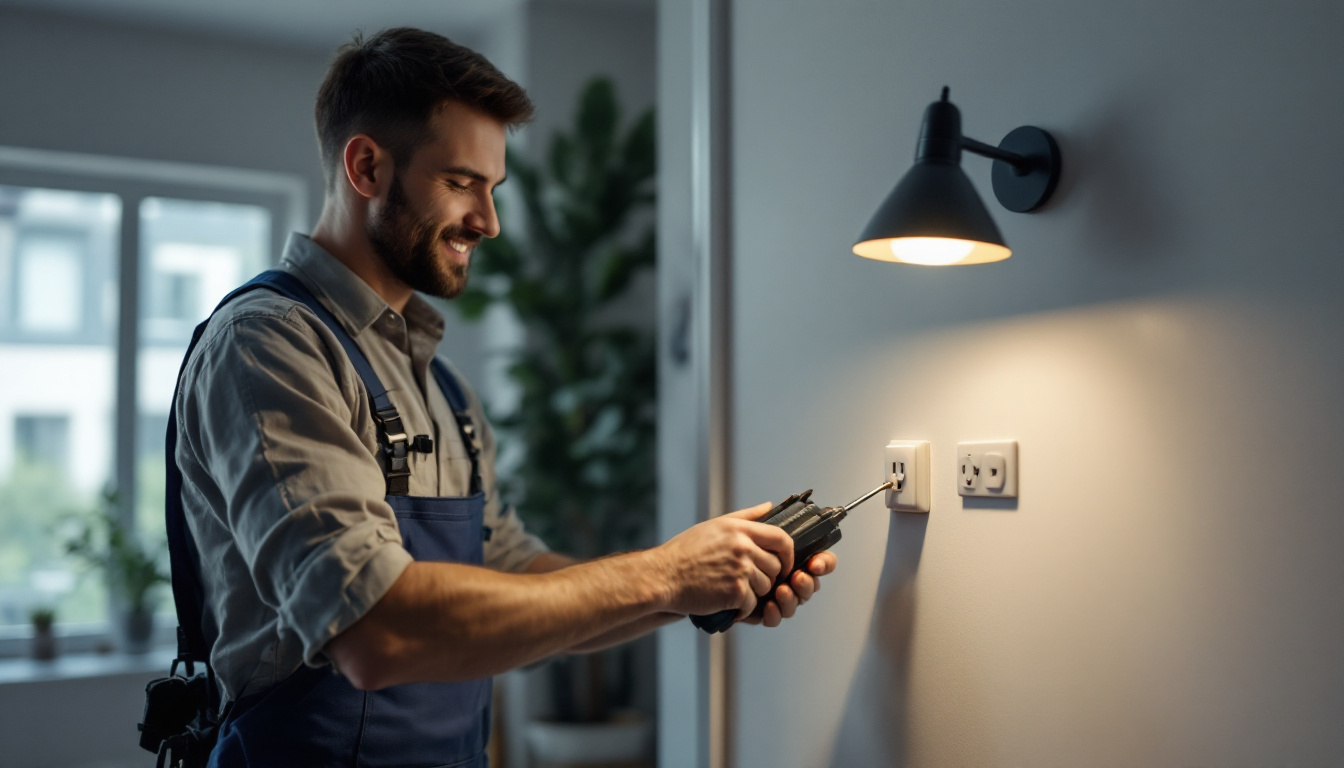A photograph of a skilled lighting contractor in action