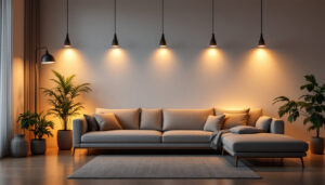 A photograph of a modern living space illuminated by stylish pot lights
