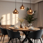 A photograph of a beautifully designed dining room featuring stylish pendant lights that highlight the space