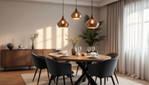 A photograph of a beautifully designed dining room featuring stylish pendant lights that highlight the space