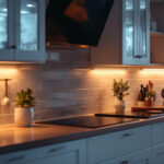 A photograph of a beautifully illuminated kitchen featuring stylish led undercabinet lights