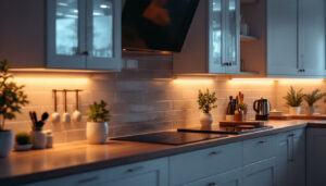 A photograph of a beautifully illuminated kitchen featuring stylish led undercabinet lights