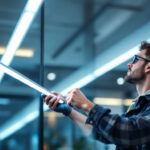 A photograph of a lighting contractor installing led strip light covers in a modern interior space