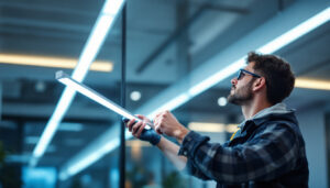 A photograph of a lighting contractor installing led strip light covers in a modern interior space