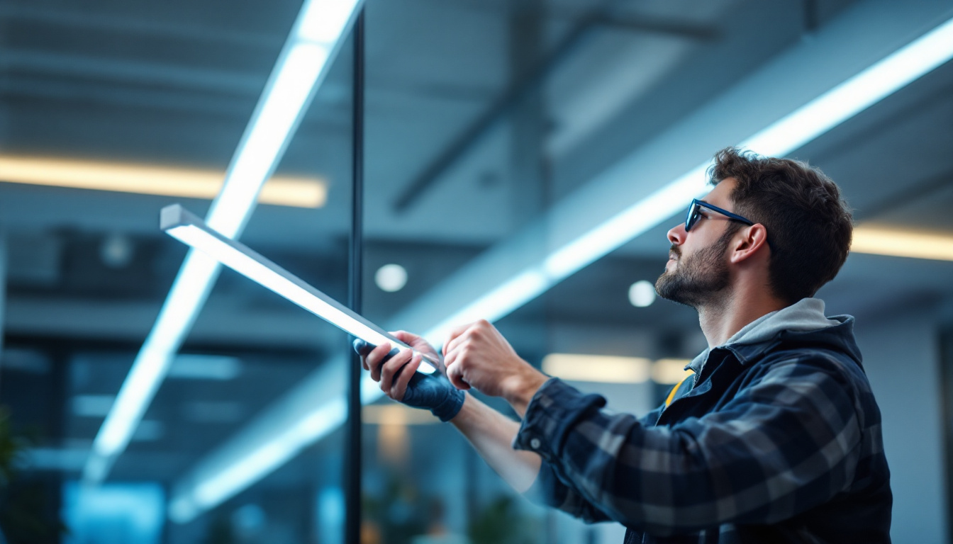 A photograph of a lighting contractor installing led strip light covers in a modern interior space