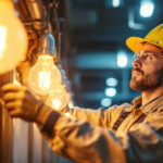 A photograph of a lighting contractor installing or inspecting high pressure sodium (hps) lamps in an industrial or commercial setting