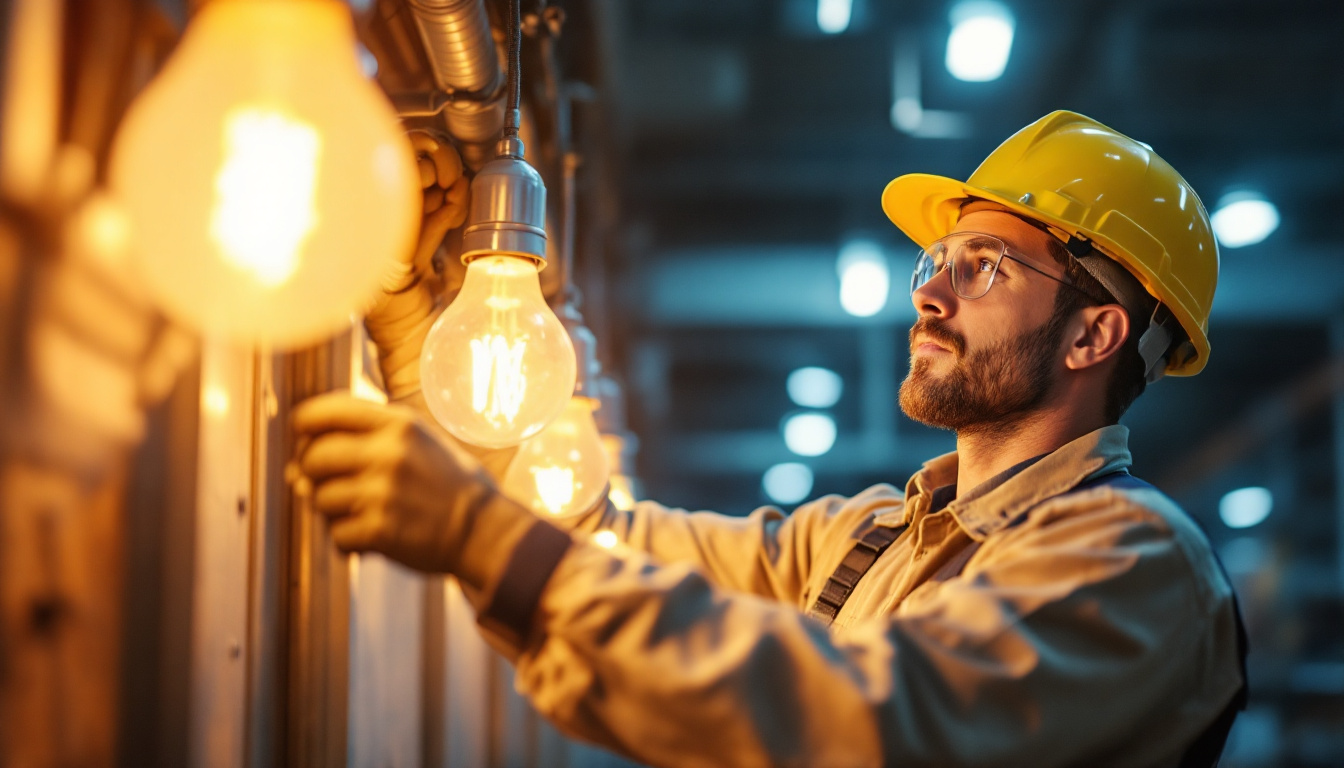 A photograph of a lighting contractor installing or inspecting high pressure sodium (hps) lamps in an industrial or commercial setting