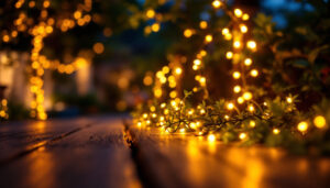 A photograph of a beautifully illuminated outdoor space featuring solar-powered led rope lights