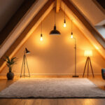 A photograph of a well-lit attic space showcasing stylish and functional lighting fixtures