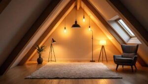 A photograph of a well-lit attic space showcasing stylish and functional lighting fixtures