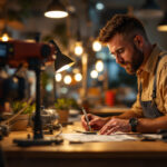 A photograph of a lighting contractor meticulously measuring footcandles in a well-lit space