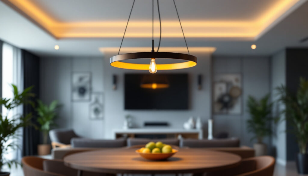 A photograph of a stylish modern hanging light fixture in an elegantly designed space