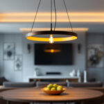 A photograph of a stylish modern hanging light fixture in an elegantly designed space