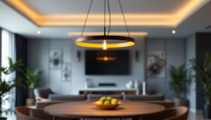 A photograph of a stylish modern hanging light fixture in an elegantly designed space