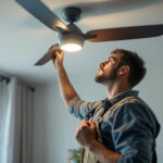 A photograph of a lighting contractor installing an affordable ceiling fan in a well-lit room