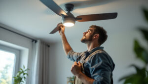 A photograph of a lighting contractor installing an affordable ceiling fan in a well-lit room