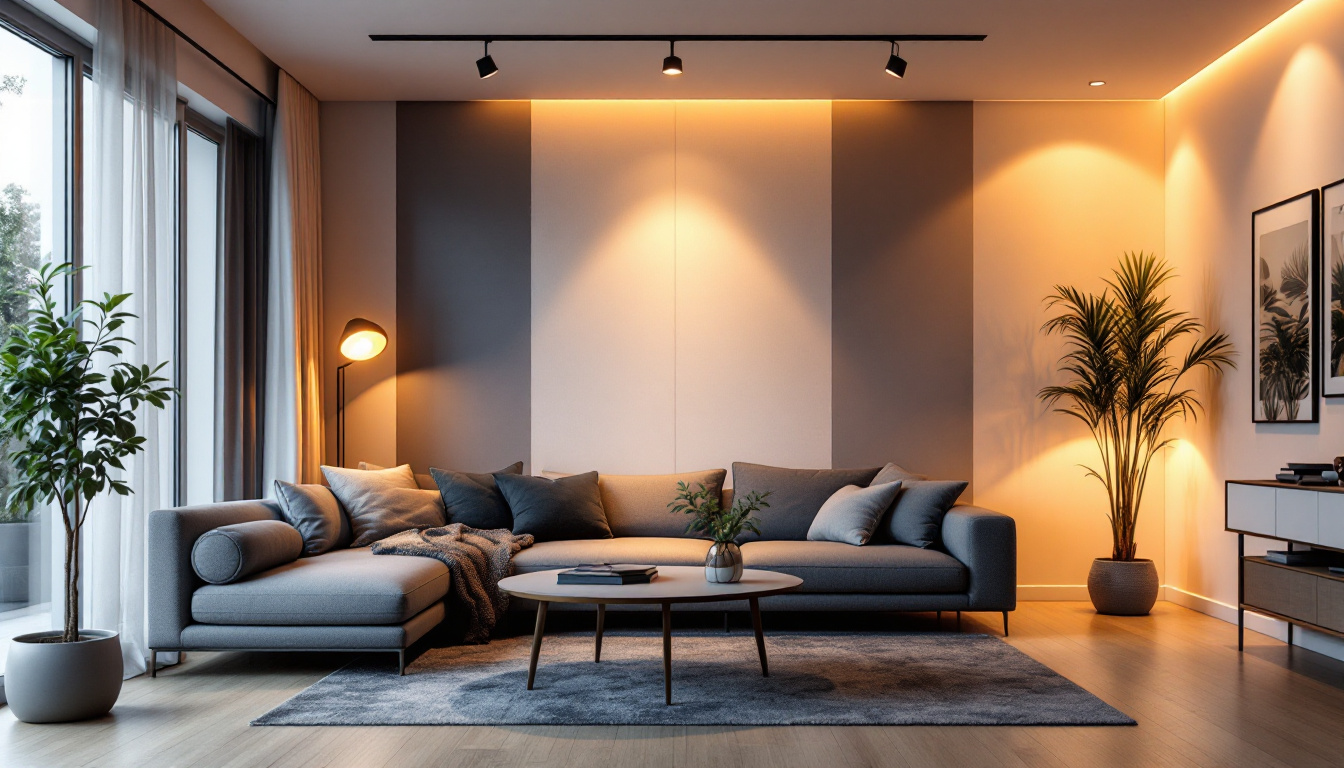 A photograph of a modern living room featuring stylish canned lighting installations