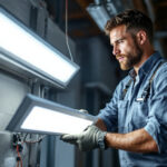 A photograph of a lighting contractor installing a feit 2x2 led flat panel in a commercial setting