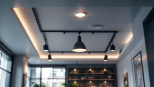 A photograph of a beautifully designed drop ceiling featuring stylish can lights