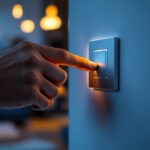 A photograph of a lighting contractor expertly installing a sleek led dimmer switch in a modern home setting