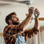 A photograph of a skilled lighting contractor expertly installing a ceiling light fan switch