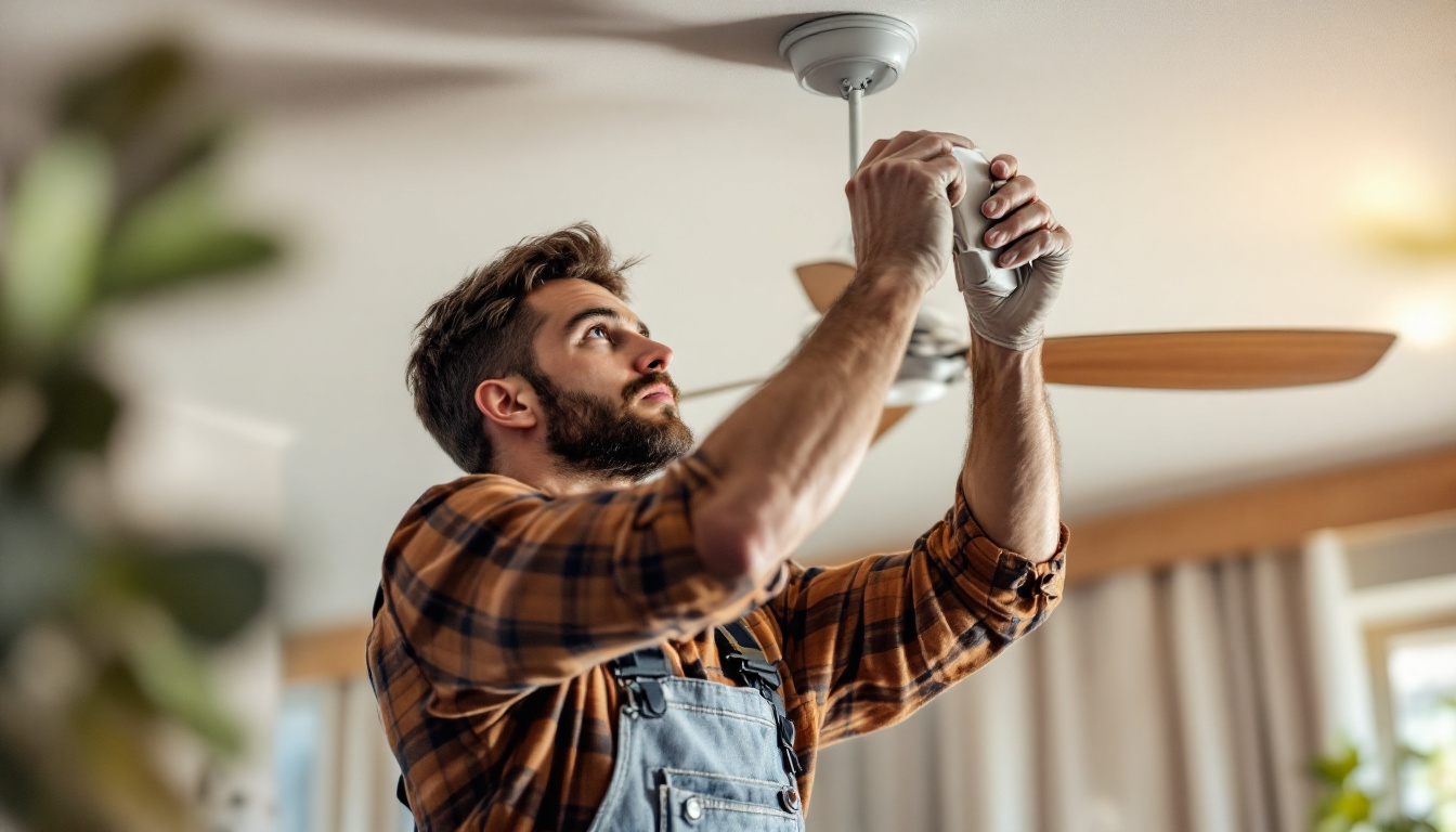 A photograph of a skilled lighting contractor expertly installing a ceiling light fan switch