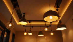 A photograph of a stylishly designed ceiling with various modern lighting fixtures