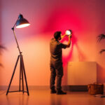 A photograph of a stylish floor lamp in a beautifully lit room