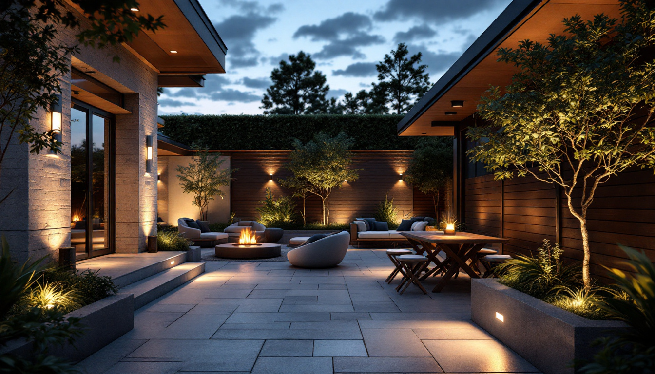 A photograph of a beautifully designed outdoor space featuring recessed can lights installed in various settings