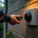 A photograph of a lighting contractor installing a weatherproof cover on an outdoor electrical outlet