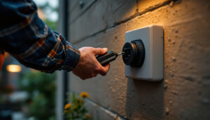 A photograph of a lighting contractor installing a weatherproof cover on an outdoor electrical outlet