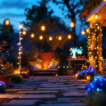 A photograph of a beautifully illuminated outdoor space featuring a variety of decorative lights