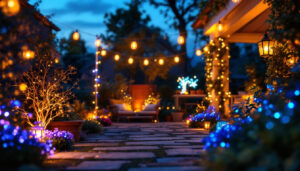 A photograph of a beautifully illuminated outdoor space featuring a variety of decorative lights