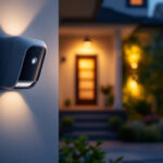 A photograph of a well-lit exterior scene showcasing a motion detector alarm in action