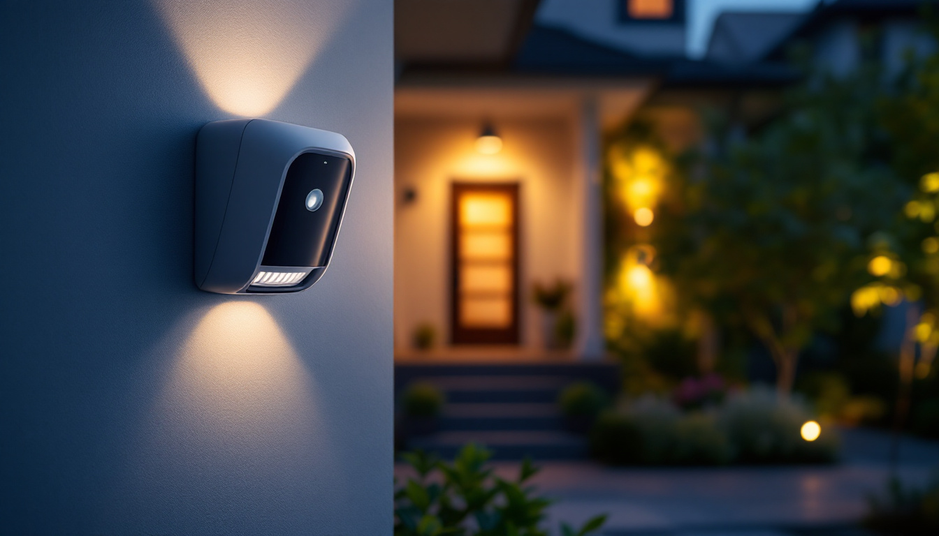 A photograph of a well-lit exterior scene showcasing a motion detector alarm in action