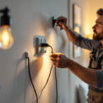 A photograph of a lighting contractor skillfully installing a lamp dimmer switch in a stylish home setting