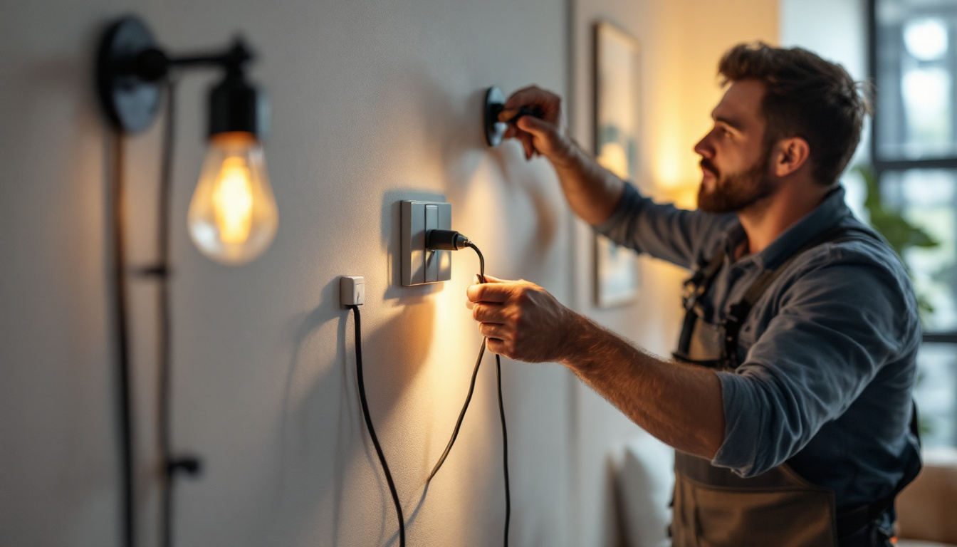 A photograph of a lighting contractor skillfully installing a lamp dimmer switch in a stylish home setting