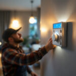 A photograph of a lighting contractor installing a timer switch in a residential setting