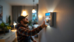 A photograph of a lighting contractor installing a timer switch in a residential setting