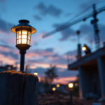 A photograph of a solar lantern illuminating a construction site at dusk