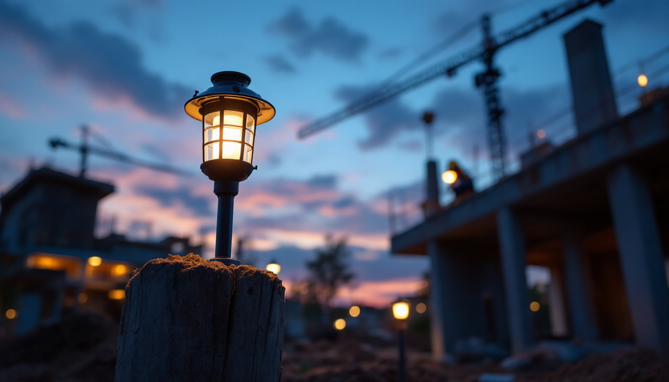 A photograph of a solar lantern illuminating a construction site at dusk